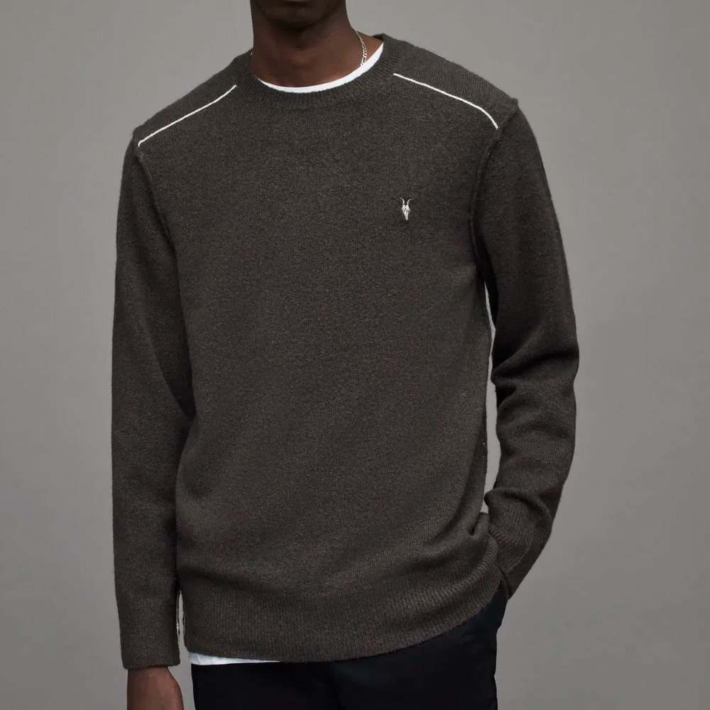 NEW AllSaints Strike Crew Sweater Mens Large Khaki Brown Contrast Seam Wool $169
